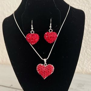 Estate Jewelry 3 Piece Red Heart Pendant Necklace & Earrings Lot Glass Crystal